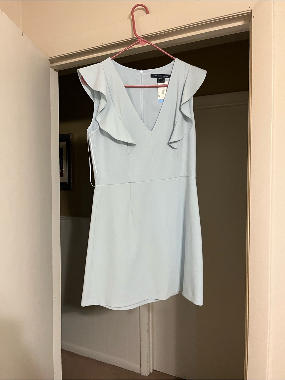 French Connection Pale Blue V-Neck Ruffle Sleeve Mini Dress